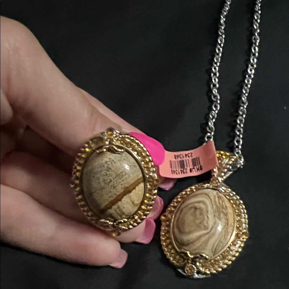 🪶 Jasper & Stainless Steel Jewelry Set – Necklace + Ring (Size 10), Synthetic - Picture 5 of 14